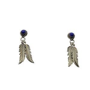 Feather Dangle Earrings With Blue Lapis Lazuli Stone Accents In Silver 2.92g